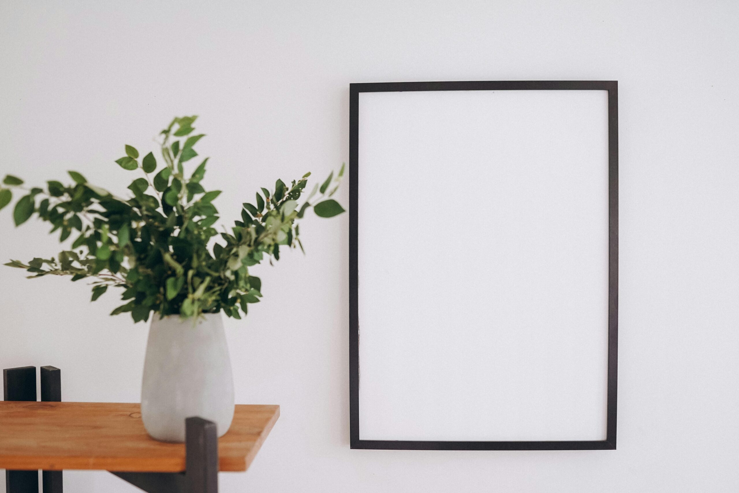 An empty black frame beside a green plant in a concrete vase on a wooden shelf.