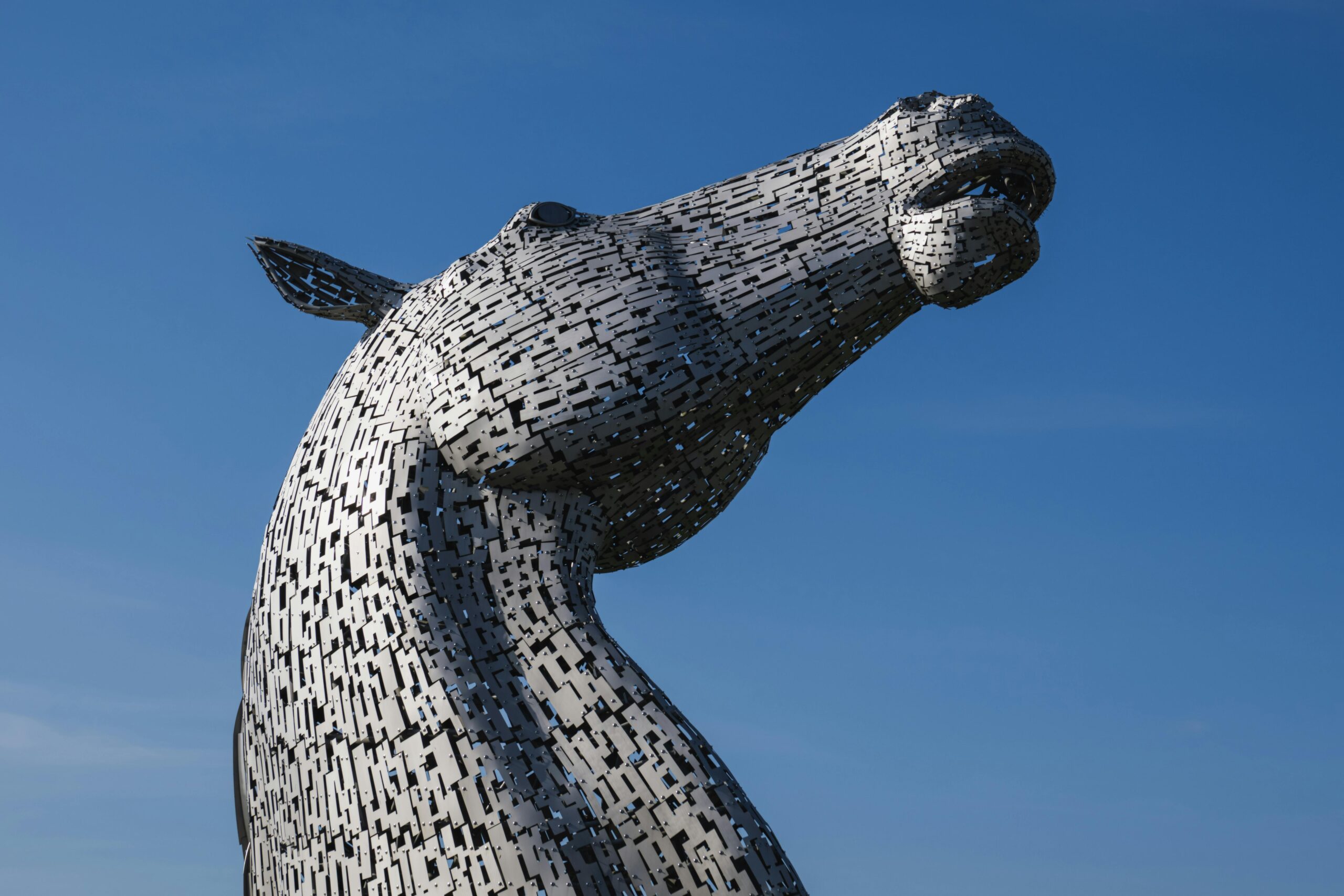 Close-up of a Kelpies horse head sculpture against a clear blue sky, showcasing modern artistic design.