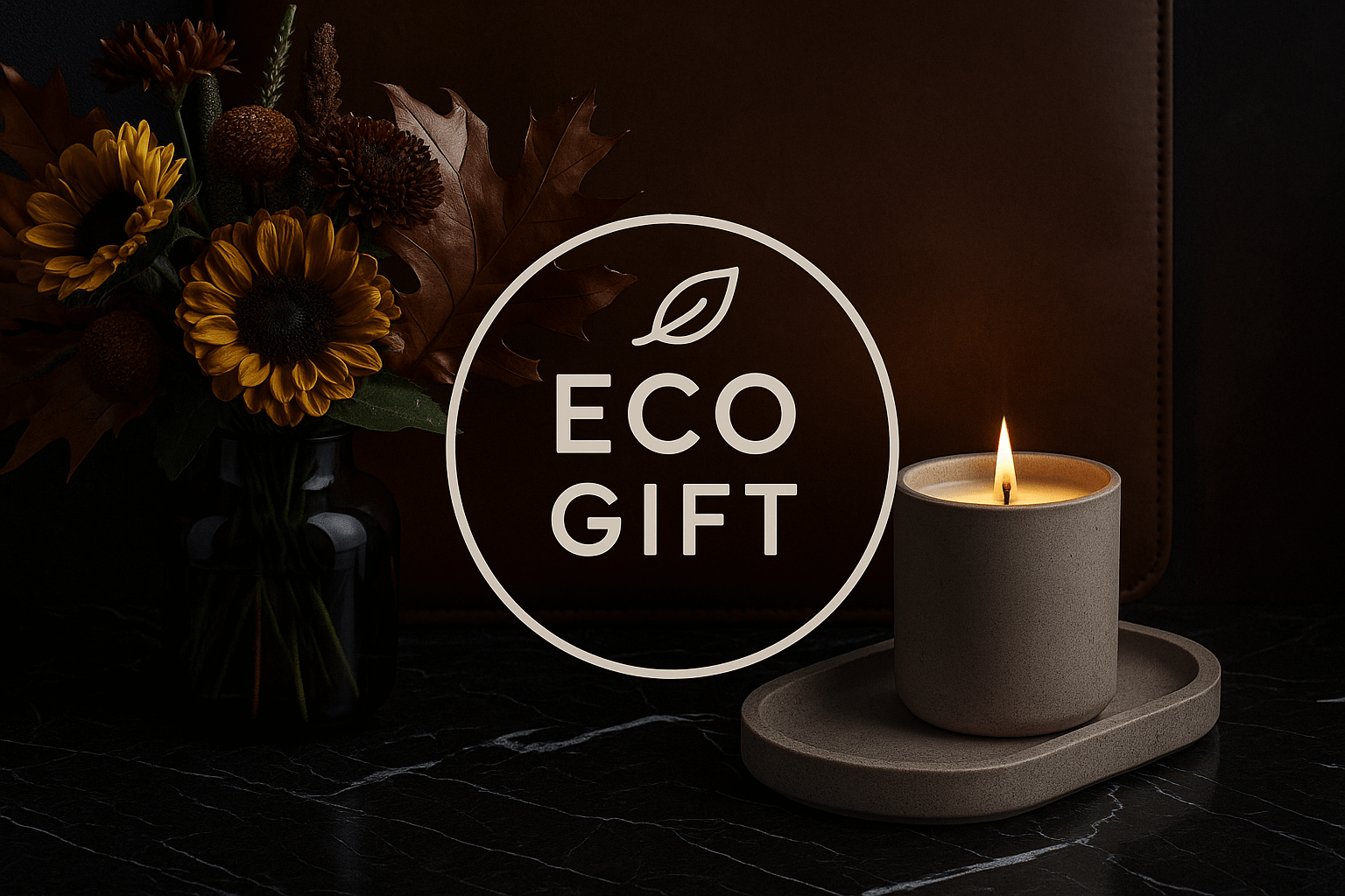 Осенний букет с соевой свечой в поддоннике из бетона