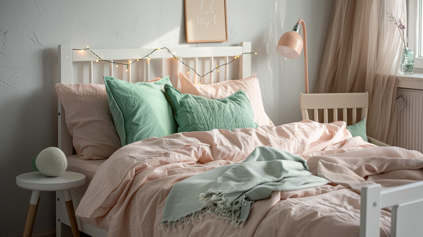 Детская в пастельных тонах: белая деревянная кровать с розовым бельем, мятные подушки, гирлянда у изголовья, прикроватная лампа, свет «золотого часа», легкий беспорядок.