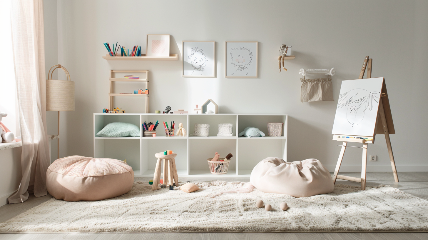 Детская игровая зона: мягкий нейтральный ковёр, низкие полки с игрушками, хранение арт-материалов, мольберт, напольные подушки розового и мятного цветов, стена с детскими работами; лёгкий естественный беспорядок, свет «золотого часа», стиль русской квартиры.