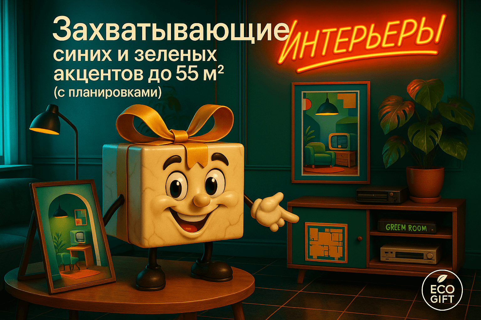 Интерьеры до 55 м² с синими и зелёными акцентами и планами