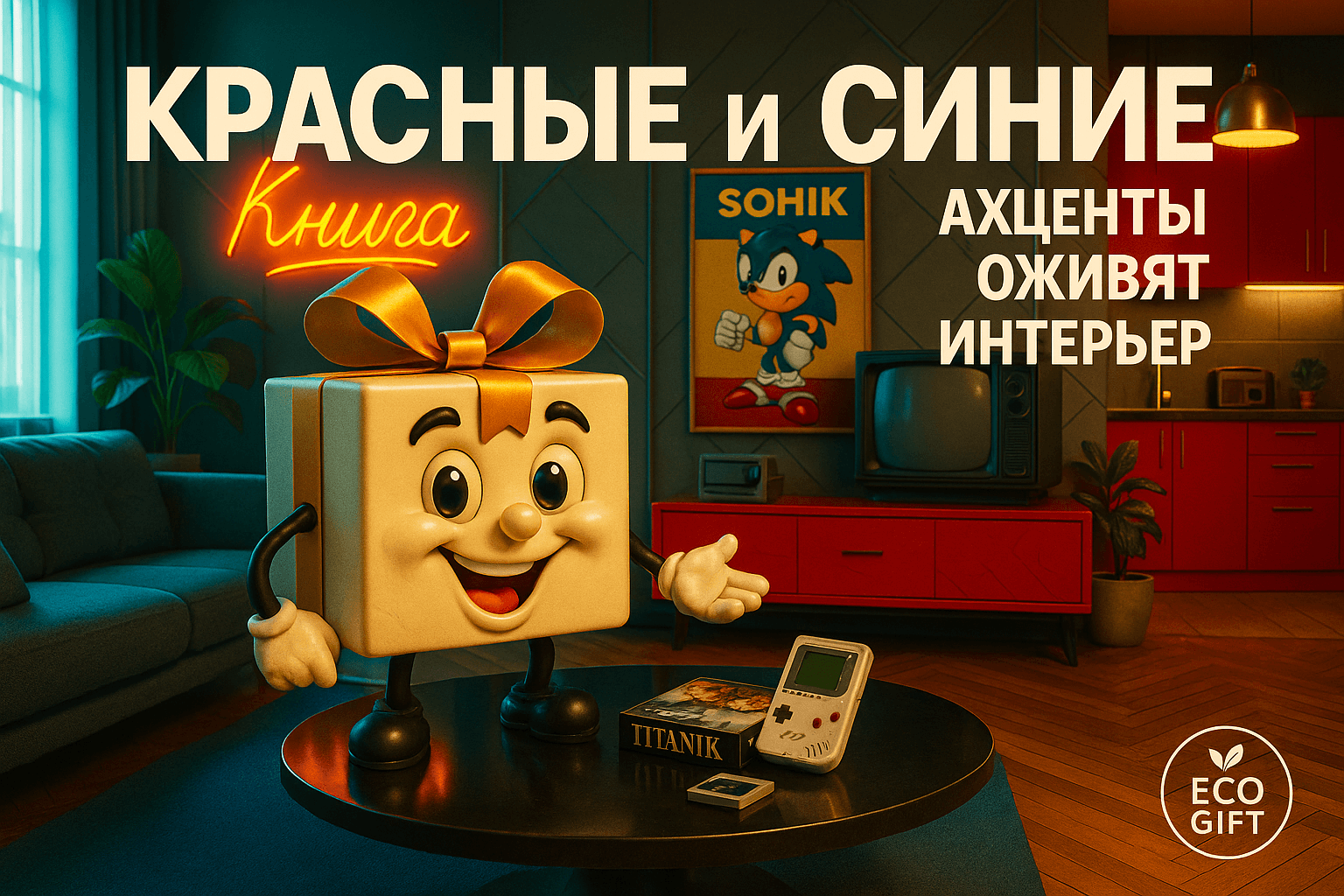 Красные и синие акценты оживят интерьер