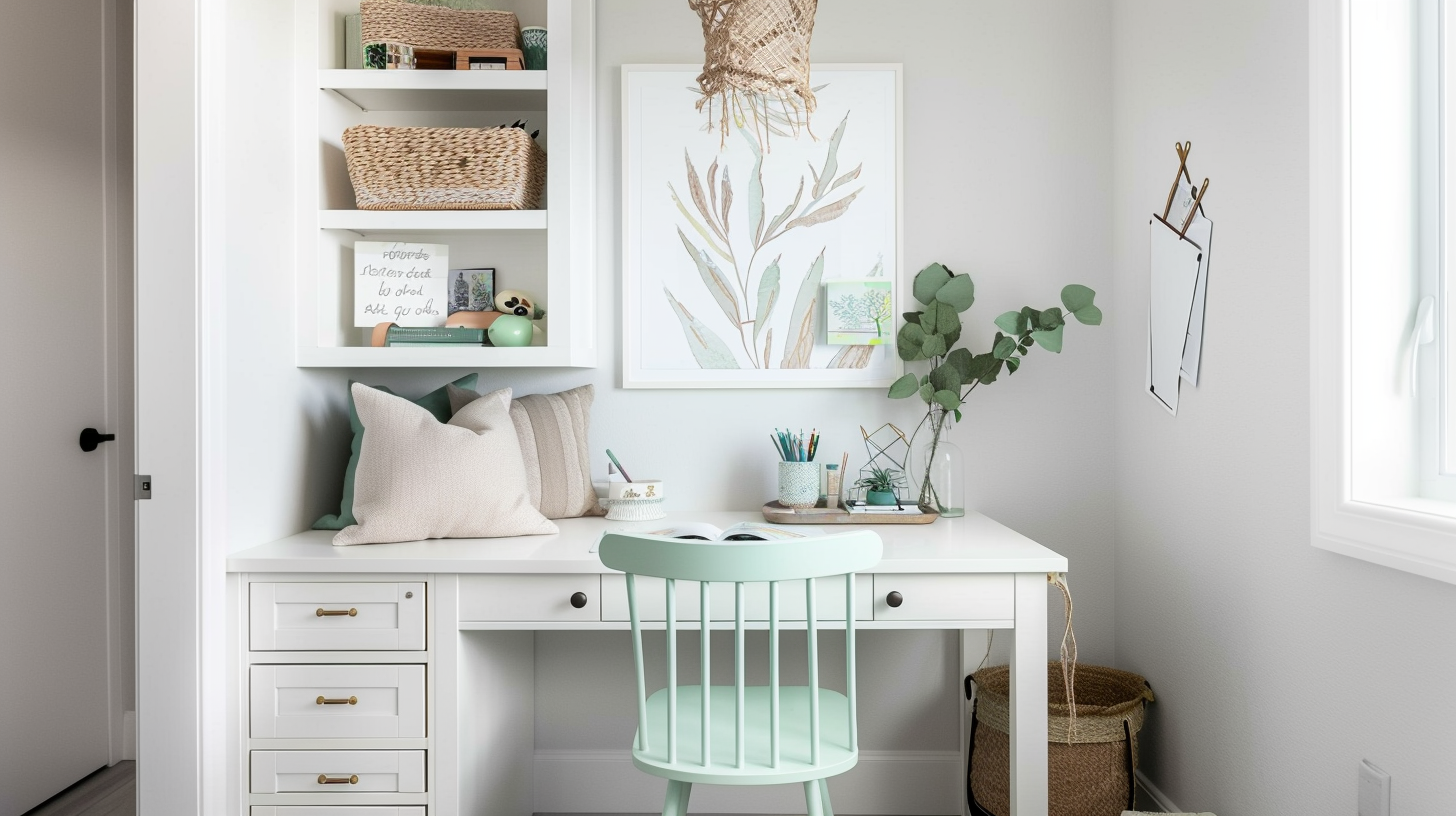 Детский учебный уголок: белый письменный стол, мятно-зелёный стул, полки с книгами и принадлежностями, настенное искусство и растения, естественный свет из окна и мягкий свет «золотого часа», лёгкий обжитый беспорядок, стиль русской квартиры.