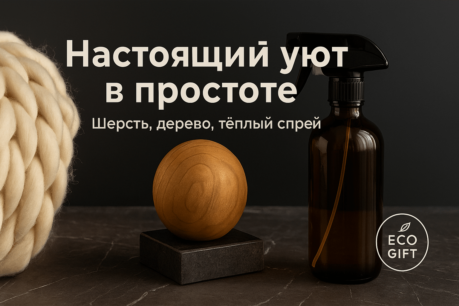 Три простых элемента уюта: шерсть, дерево, тёплый спрей