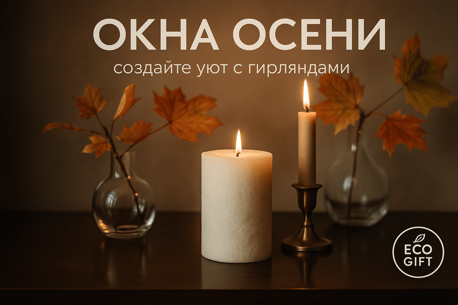 Декор окна осенью: гирлянды и свечи для уюта